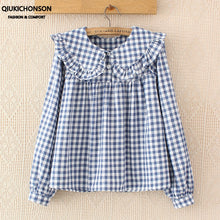 Load image into Gallery viewer, Women Plaid Shirt Long Sleeve Spring Summer Tops Ladies Japanese Mori Girl Peter pan Collar Cute Baby doll Cotton White Blouses