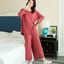 Load image into Gallery viewer, PLUS size home suits women autumn new loose long-sleeved pajamas two-piece set nine-point wide leg pants pijama sleepwear femme