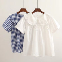 Carregar imagem no visualizador da galeria, Women Plaid Shirt Long Sleeve Spring Summer Tops Ladies Japanese Mori Girl Peter pan Collar Cute Baby doll Cotton White Blouses