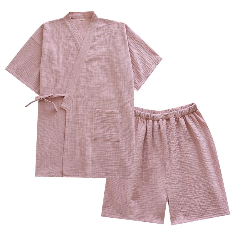 Summer Japanese Couples Pajamas Thin Cotton Gauze Crepe Short Sleeve Shorts Kimono Men and Women Home Clothes 2 Piece Sleepwear