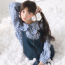 Laden Sie das Bild in den Galerie-Viewer, Women Plaid Shirt Long Sleeve Spring Summer Tops Ladies Japanese Mori Girl Peter pan Collar Cute Baby doll Cotton White Blouses