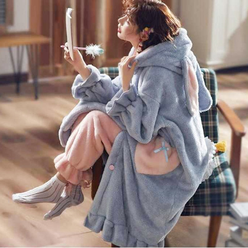 Winter Flannel Pajamas Set For Women Animal Thick Warm Sleepwear Hooded Nightgown With Pants Loose Pyjamas Suit Homewear Clothes