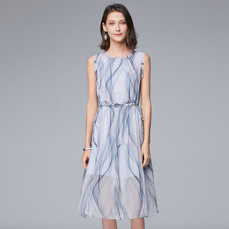 2020 new women's middle school long sleeveless fungus edge waist drawstring stripe elegant Fairy Dress