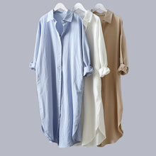 Charger l&#39;image dans la galerie, Cotton Women Blouse Shirt Dress Beach Vacation New Linen Cottons Casual Plus Size Womans Long Section Shirt White/Blue