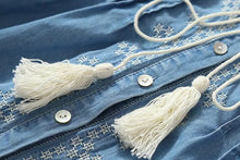 Charger l&#39;image dans la galerie, Ethnic Embroidery Denim Dresses Women Wrist Sleeve O-Neck Casual Shirt Dress Spring 2021 Vestido Jeans Feminino
