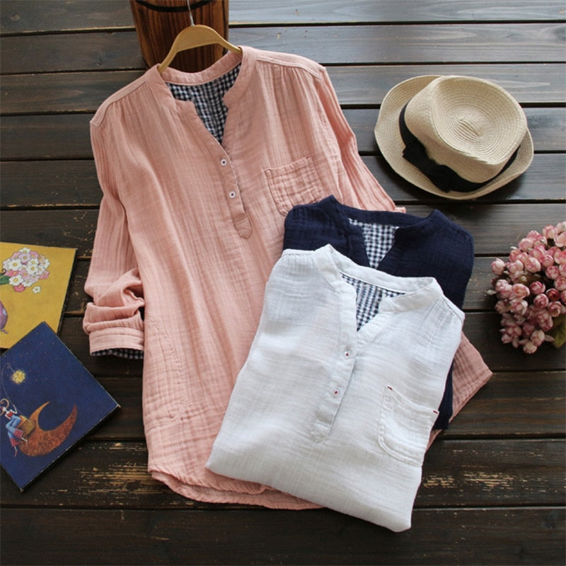 2023  ZANZEA Women Cotton Blouse Solid V Neck Long Sleeve Buttons Pockets Autumn Feminina Blusas Summer Loose Shirt