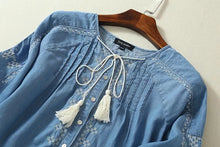 Carregar imagem no visualizador da galeria, Ethnic Embroidery Denim Dresses Women Wrist Sleeve O-Neck Casual Shirt Dress Spring 2021 Vestido Jeans Feminino