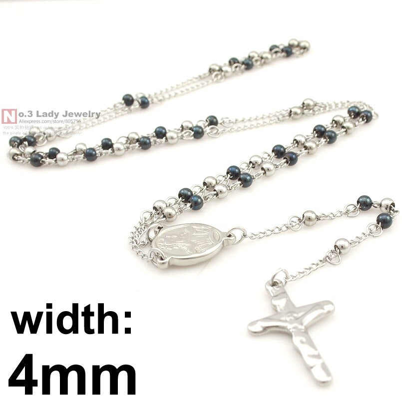 Gokadima Stainless Steel Necklace Men Jewelry or Women Catholic Rosary Beads Chain Necklace Cross For Christmas Gift, 4mm / 6mm