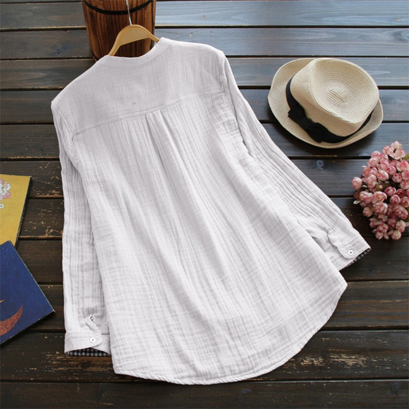 2023  ZANZEA Women Cotton Blouse Solid V Neck Long Sleeve Buttons Pockets Autumn Feminina Blusas Summer Loose Shirt