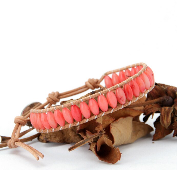 Natural Rice Shape Coral Stone Leather Bracelet Fashionable Leather Wrap Bracelet Coral Jewelry Wedding Gift