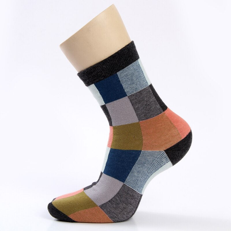 5 Pairs/Lot Combed Cotton Men's Socks Compression Socks Fashion Colorful Square Happy Dress Socks Men Size 39-45