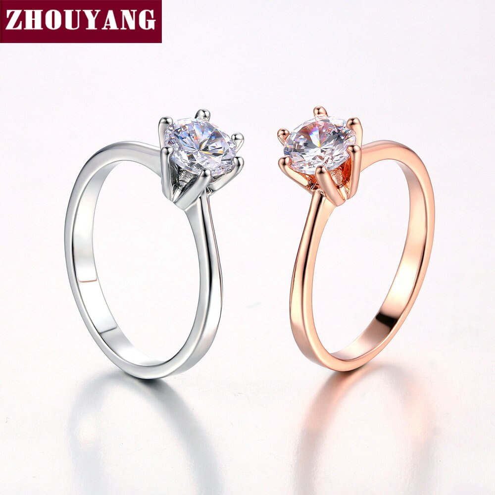 ZHOUYANG Wedding Ring For Women Rose Gold Color Six Claw Cubic Zirconia Round Cut 1 Carat 6mm Fashion Jewelry R013 R014