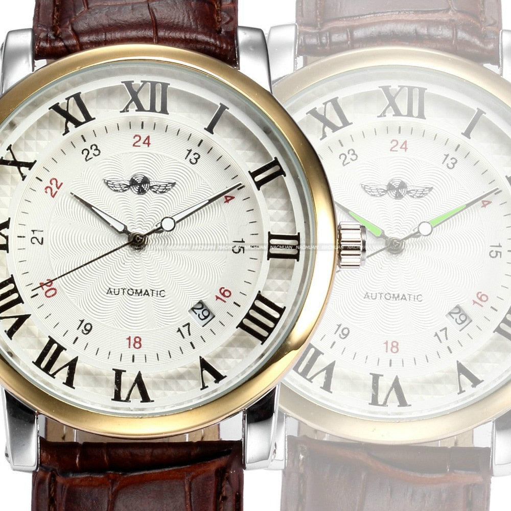 Rome Number Fashion Men WINNER Top Brand Gold Sport Wristwatches Self wind Automatic Mechanical Calendar Leather Watch Clock