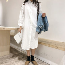 Load image into Gallery viewer, Cotton Women Blouse Shirt Dress Beach Vacation New Linen Cottons Casual Plus Size Womans Long Section Shirt White/Blue