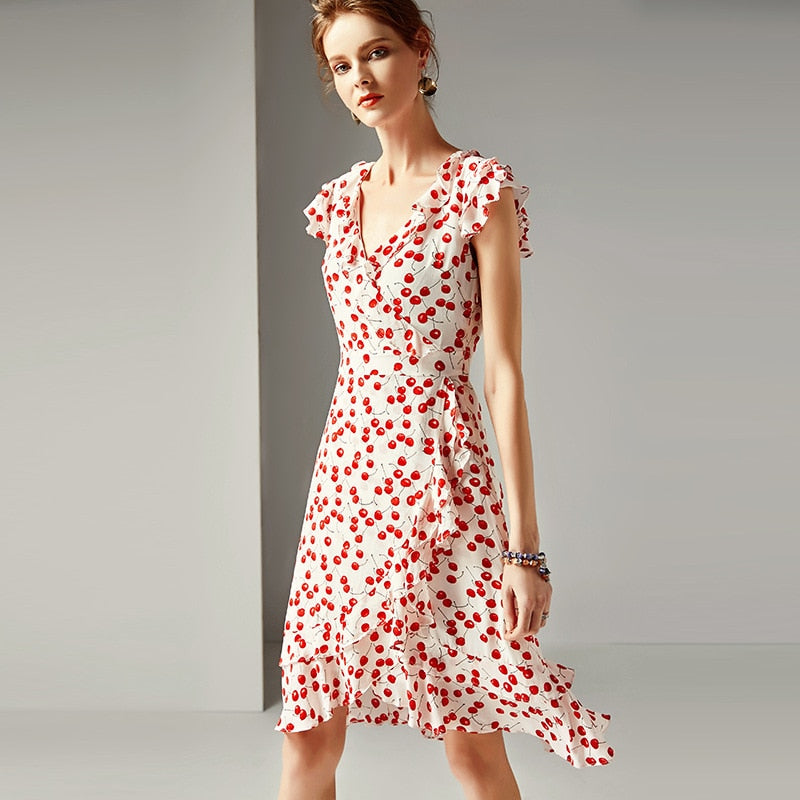 2023 spring and summer women's new fashion V-neck ruffled waist slimming silk printed A-line dress