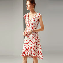Carregar imagem no visualizador da galeria, 2023 spring and summer women&#39;s new fashion V-neck ruffled waist slimming silk printed A-line dress