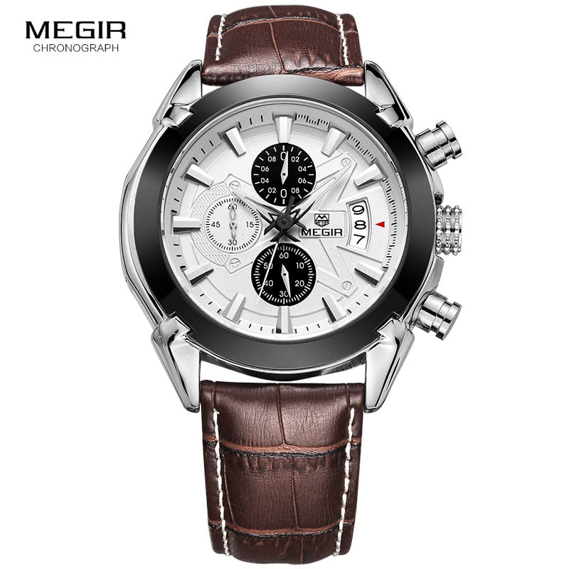 Megir Leather Watch Men 2019 Top Brand Luxury Quartz Watch Military Chronograph Waterproof Watches reloj relogio masculino 2020