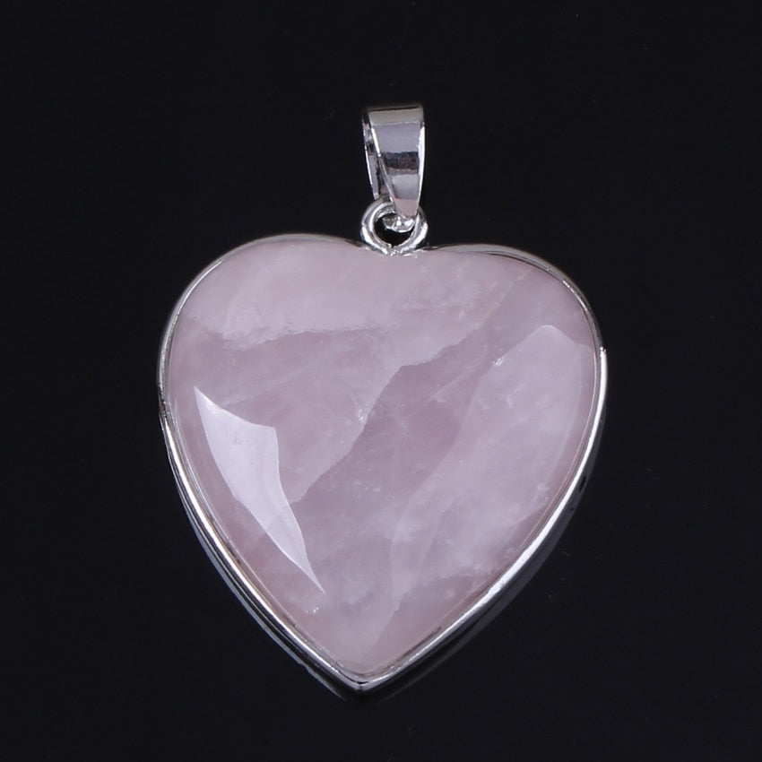 KFT Silver Plated Natural Rose Pink Quartz Amethysts Crystal Reiki Forever Love Heart Shape Stone Pendant Fashion Women Jewelry