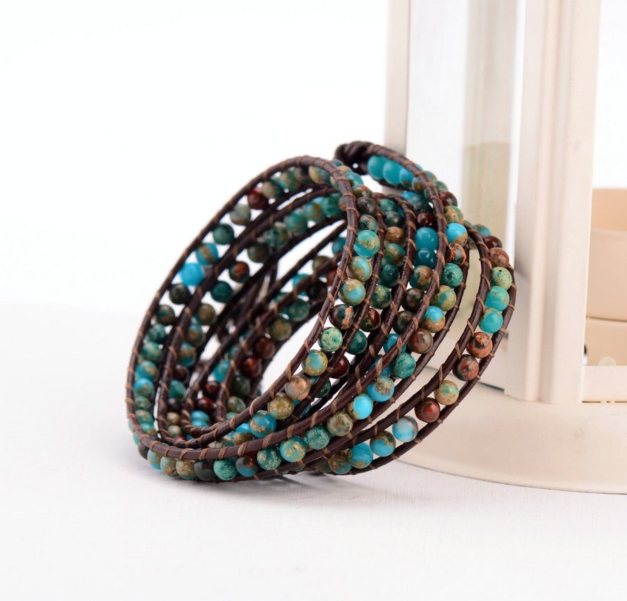 Boho Natural Stone Leather Wrap Bracelet Female Semi Precious Beades Weaving Strand Bracelets Women Rope Jewelry Dropship