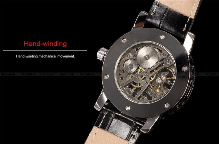 2016 new hot sale skeleton hollow fashion mechanical hand wind men luxury male business leather strap Wrist Watch relogio
