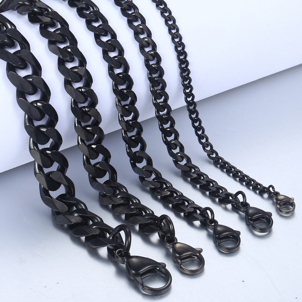 3-11mm Black Stainless Steel Bracelet for Men Women Gold Color Cuban Link Bracelet Wholesale Jewelry 7-11 Inch Gifts KBB4
