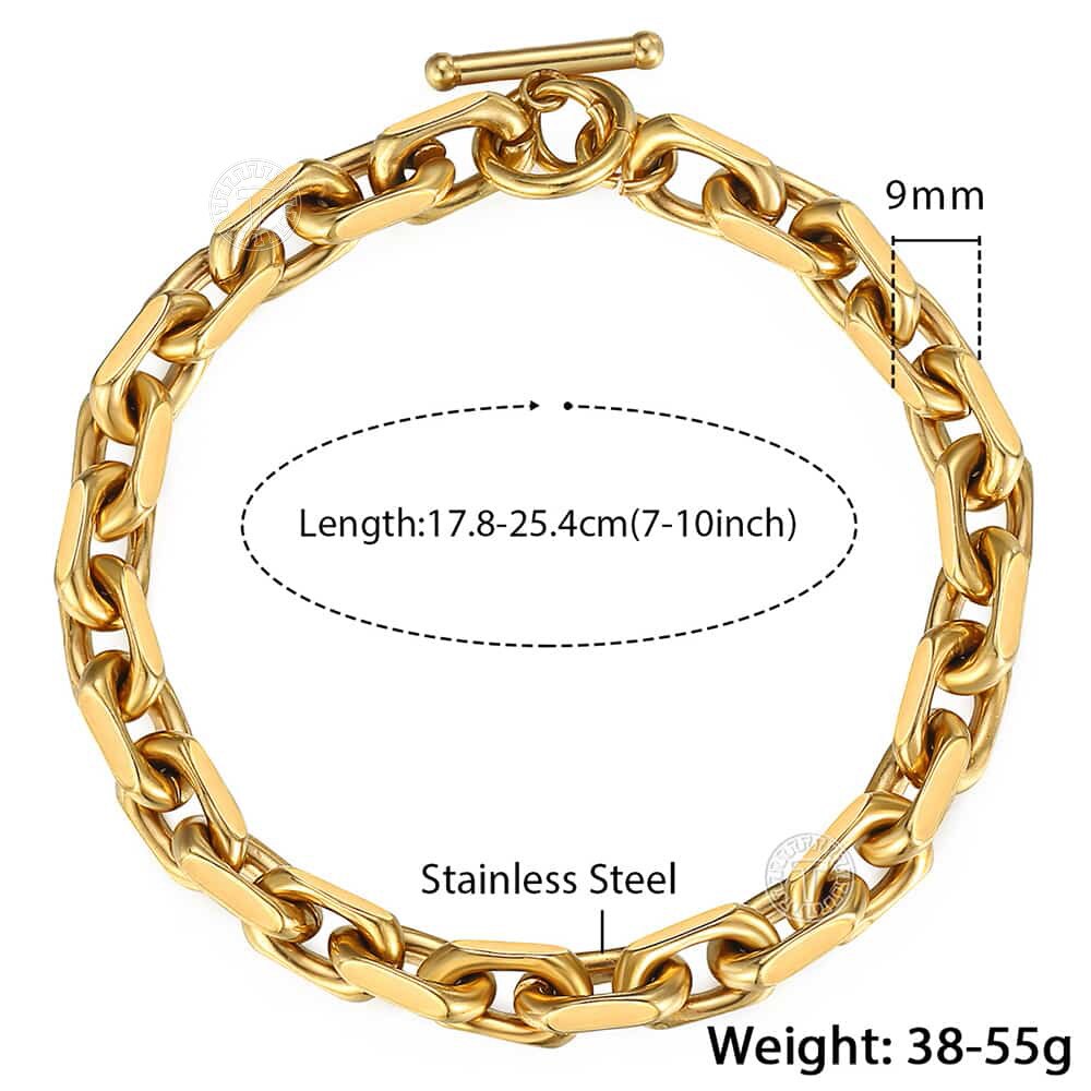 9mm Bracelet for Men Stainless Steel Cable Link Chain Bracelets Fashion Male Jewelry Gold Color Black TO Clasp 7-11" KBB11