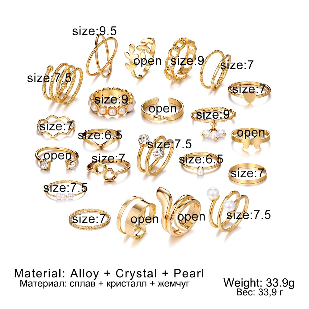22pcs/Set Gold Color Heart Snake Rings Set For Women Vintage Butterfly Pearl Geometric Hollow Ring Fashion Wedding Party Jewelry