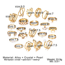 Laden Sie das Bild in den Galerie-Viewer, 22pcs/Set Gold Color Heart Snake Rings Set For Women Vintage Butterfly Pearl Geometric Hollow Ring Fashion Wedding Party Jewelry