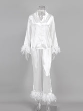 Carregar imagem no visualizador da galeria, Restve Feathers Sleepwear Female 2 Piece Set Long Sleeve Turn Down Collar Tops Satin Casual Women Sets With Pants Autumn 2022