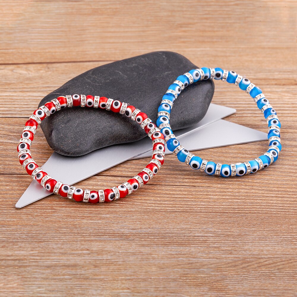 Nidin Hot Sale Lucky Evil Eye Handmade Elastic Rope Bracelets Glass Beads And 6MM Crystal 8 Colors Fine Party Adjustable Jewelry