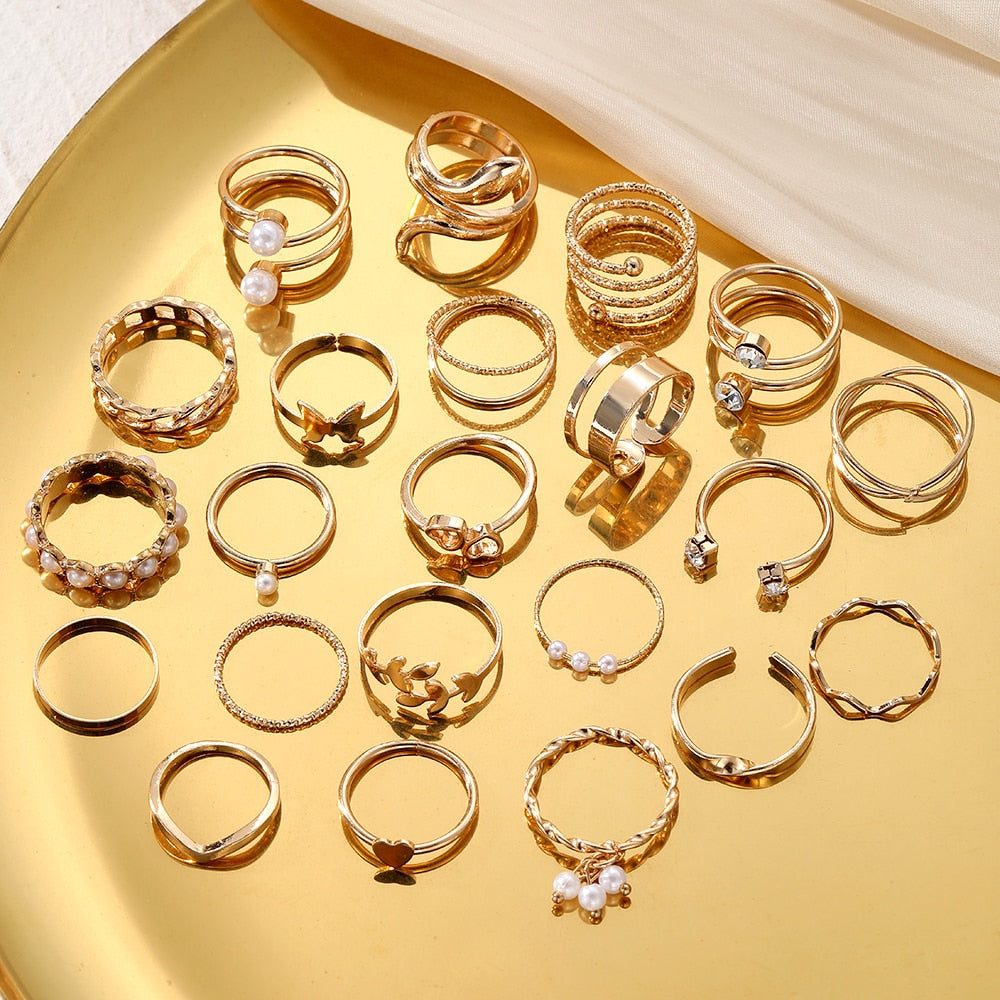 22pcs/Set Gold Color Heart Snake Rings Set For Women Vintage Butterfly Pearl Geometric Hollow Ring Fashion Wedding Party Jewelry