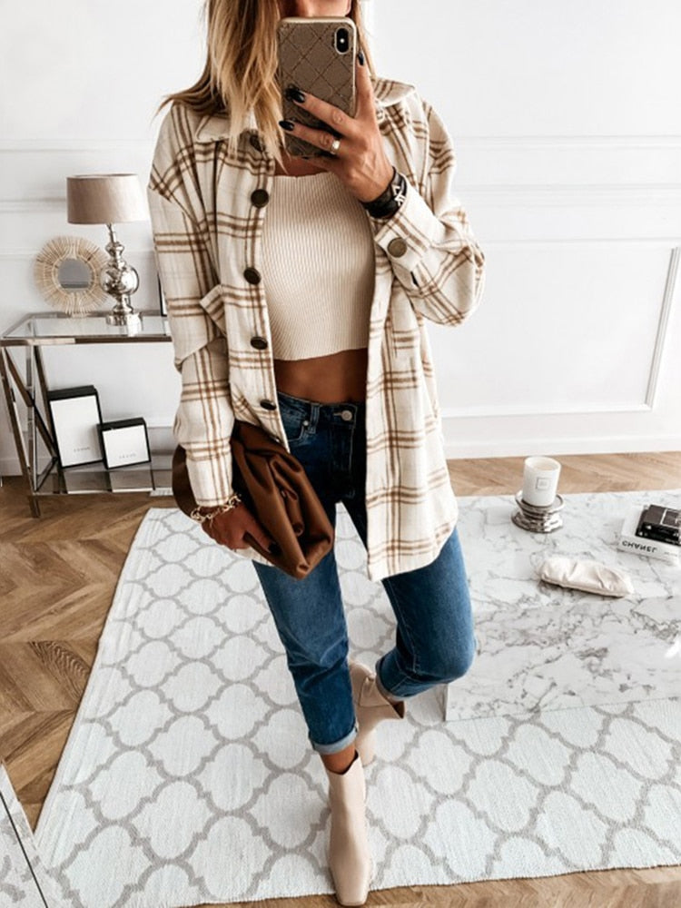 Autumn Spring Vintag Plaid Shirt Women Casual White Long Sleeve Pocket Collared Shirts Top Clothes Fashion New 2023 Fall