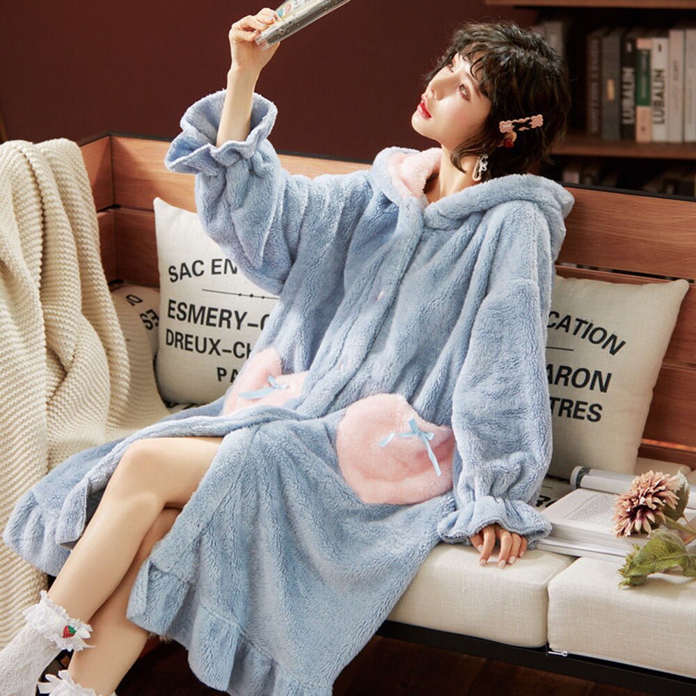 Winter Flannel Pajamas Set For Women Animal Thick Warm Sleepwear Hooded Nightgown With Pants Loose Pyjamas Suit Homewear Clothes