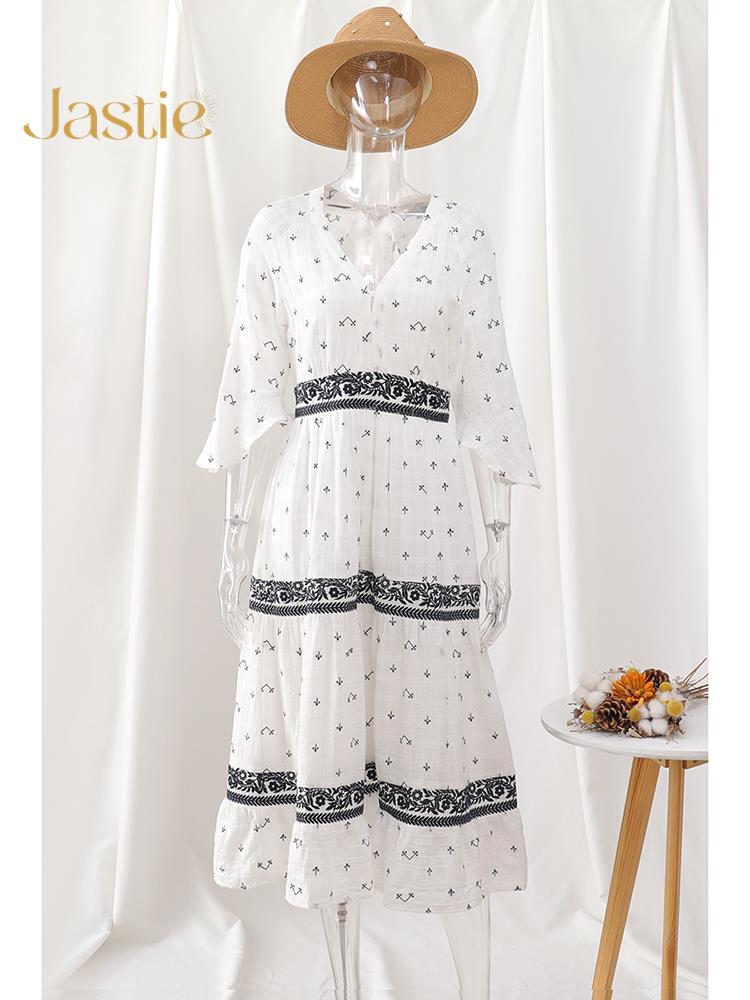 Jastie French White Dress Cotton Embroidered V-neck Elegant Ladies Dress Ruffle Hem Chic Autumn Dress Retro Luxury Brand Dress