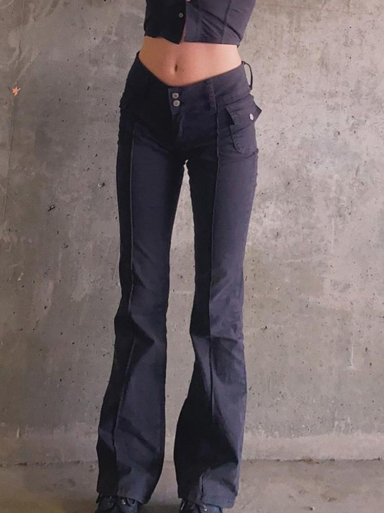 ALLNeon Indie Aesthetics Slim Low Waist Flare Pants E-girl Vintage Pockets Solid Y2K Pants Autumn 90s Fashion Black Trousers