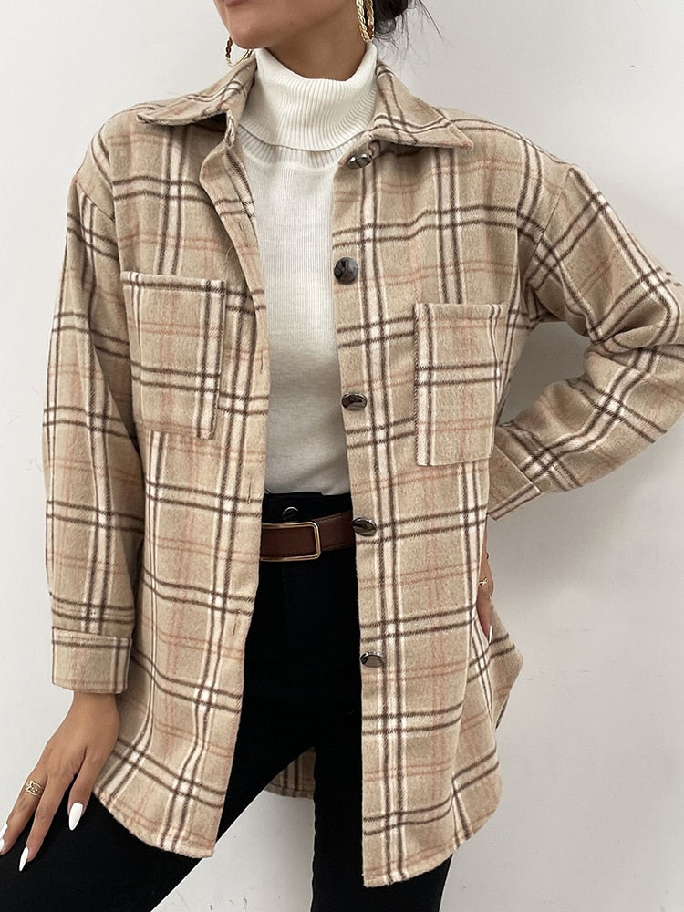 Autumn Spring Vintag Plaid Shirt Women Casual White Long Sleeve Pocket Collared Shirts Top Clothes Fashion New 2023 Fall
