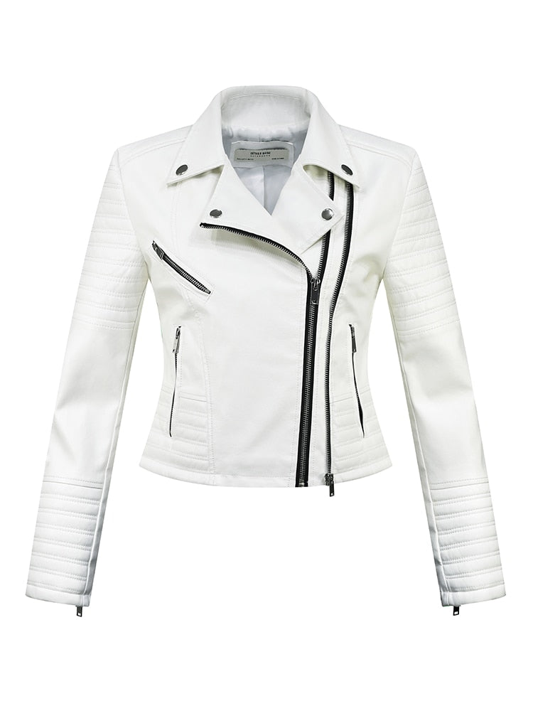 2023 New Fashion Women Motorcycle White Faux Sheepskin Leather Jackets Female Autumn Winter Biker Zippers Streetwear Black Coats